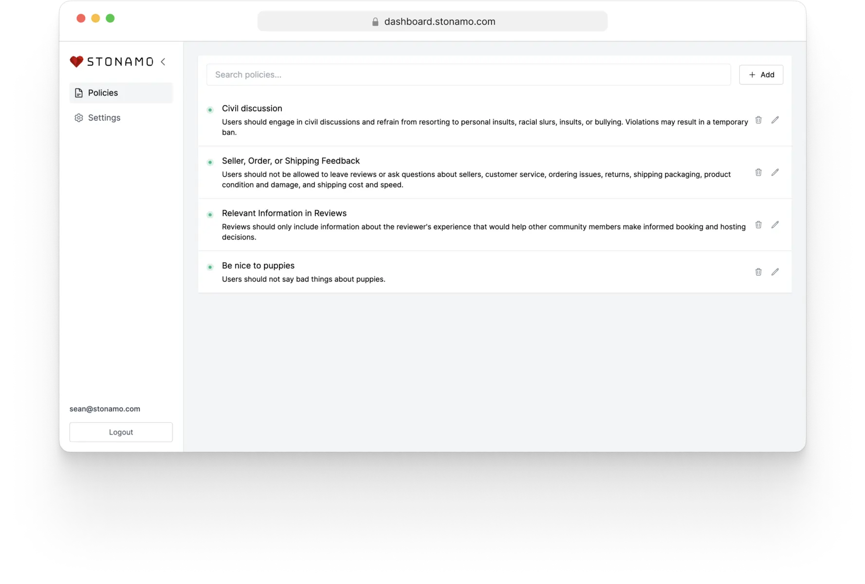 Stonamo dashboard screen